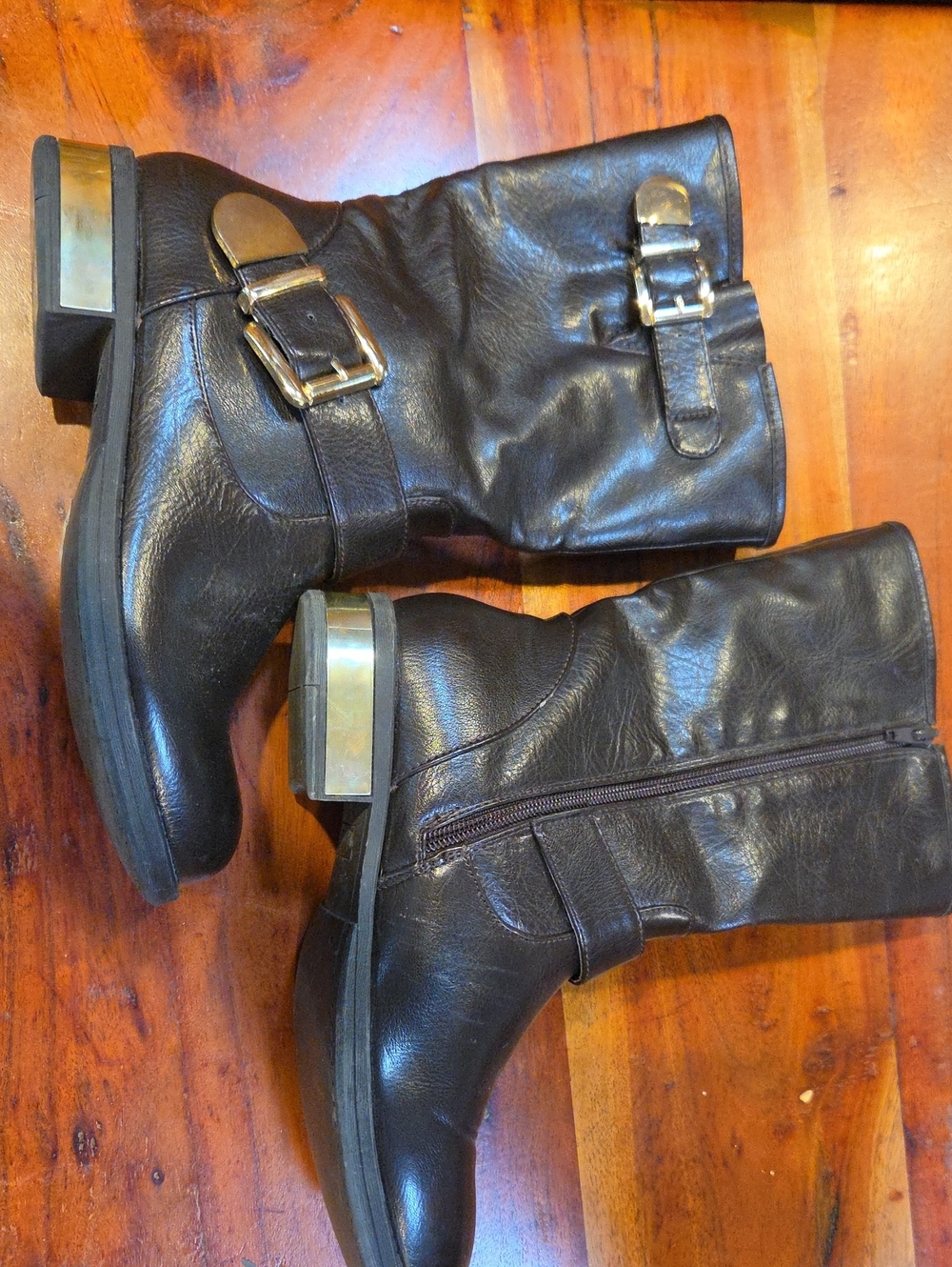 Nicole Black Mid-Calf Boots with Gold Buckle Detail